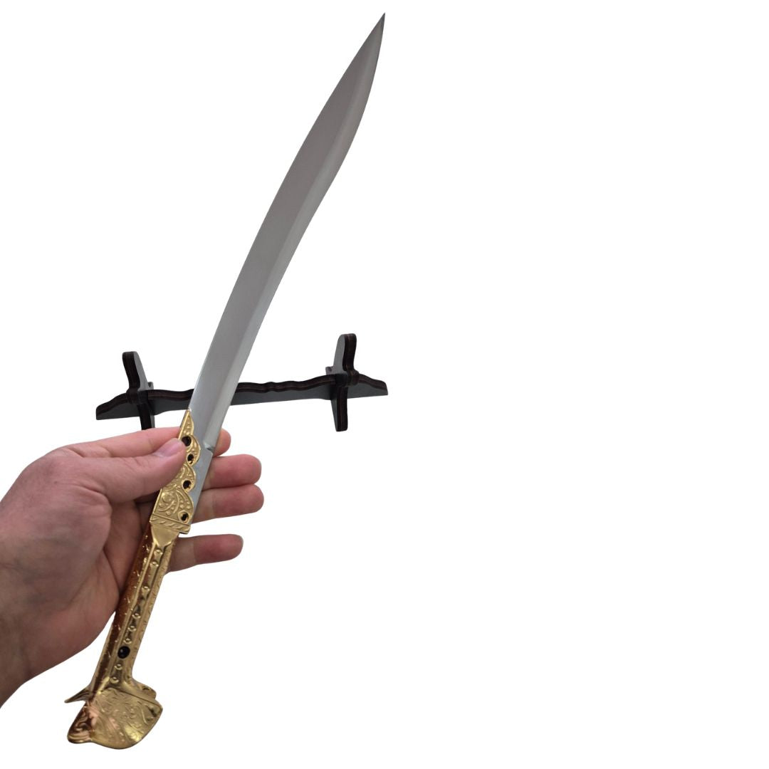 Yatagan Dekoschwert Mini Handgefertigt mit goldfarbigenem Griff und arabischer gravur.