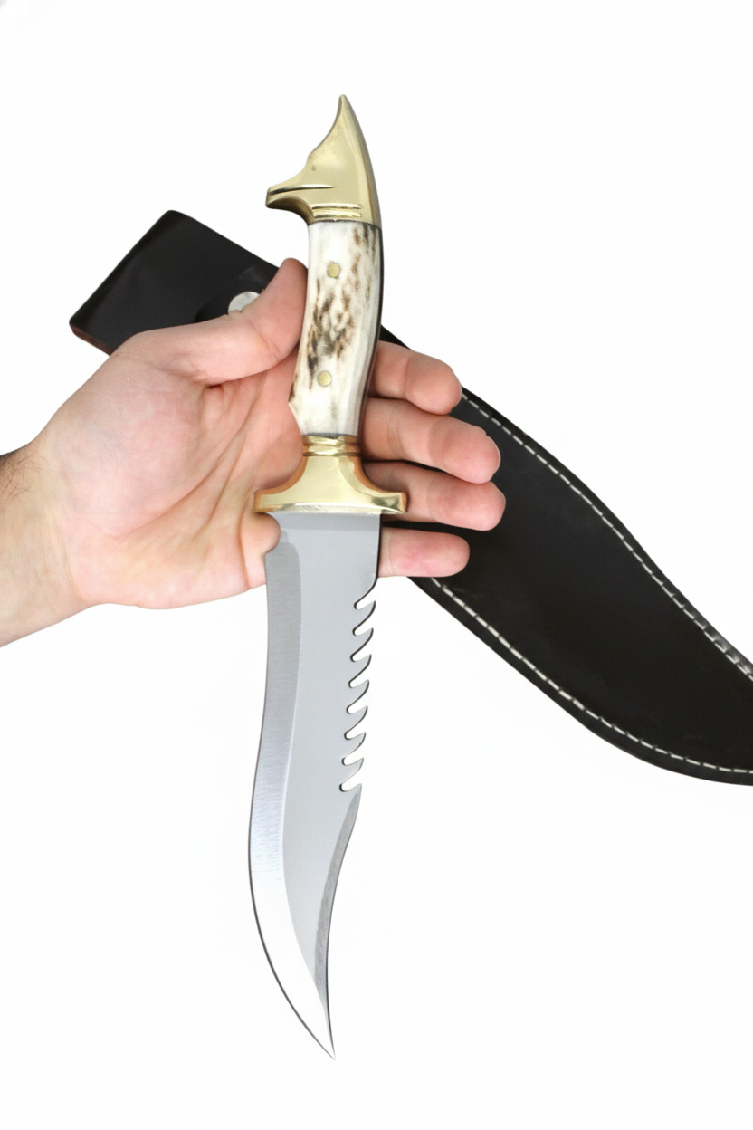 Handgefertigte Hirschgeweih Wolfkopf Messing Jagdmesser
