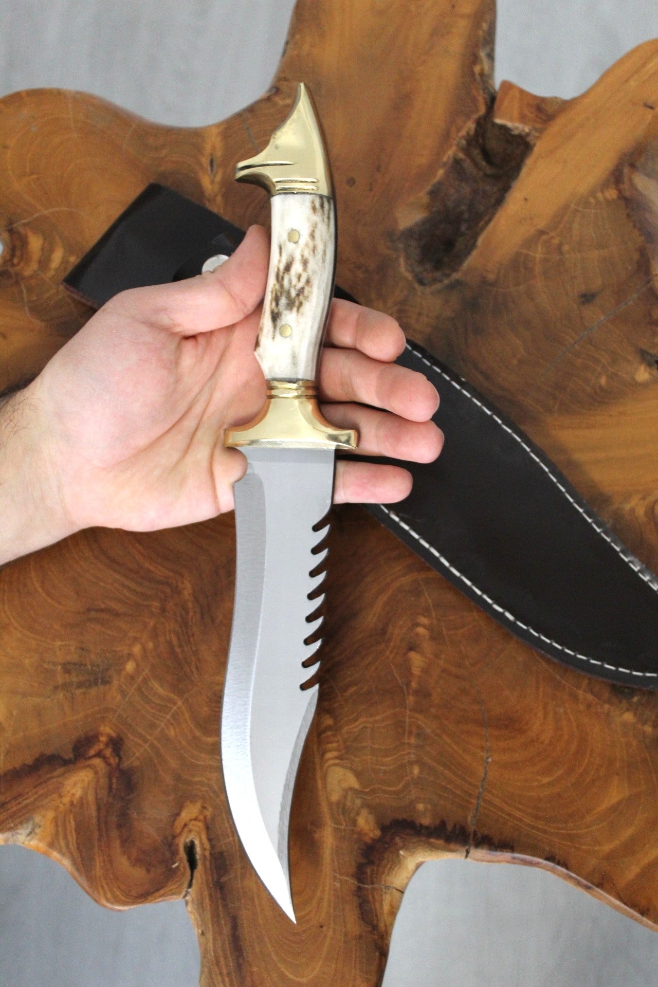 Handgefertigte Hirschgeweih Wolfkopf Messing Jagdmesser