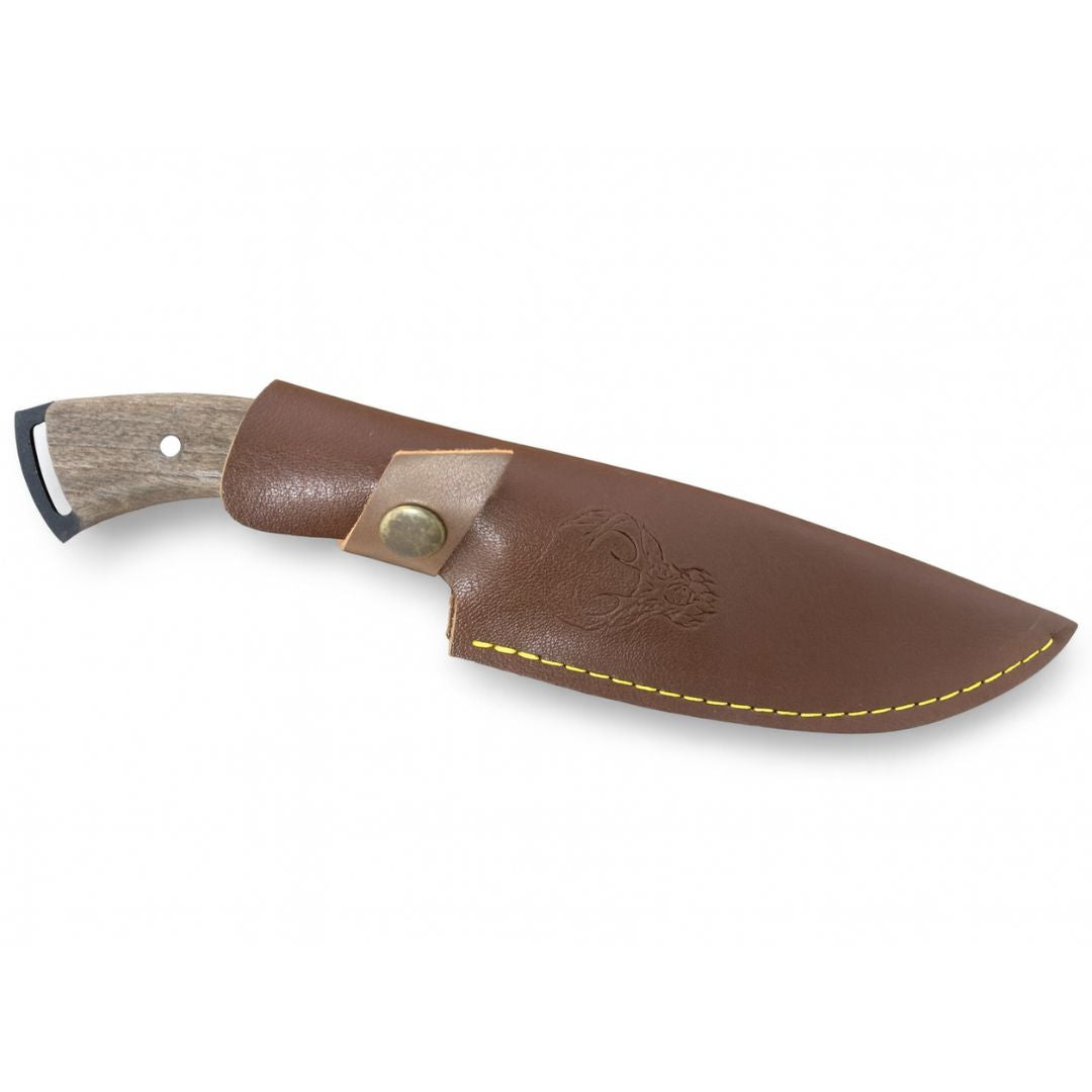 Handgeschmiedetes Outdoor-Messer mit echtem Walnussholzgriff und passender Lederscheide - hochwertiges Jagdmesser für Sammler und Jäger