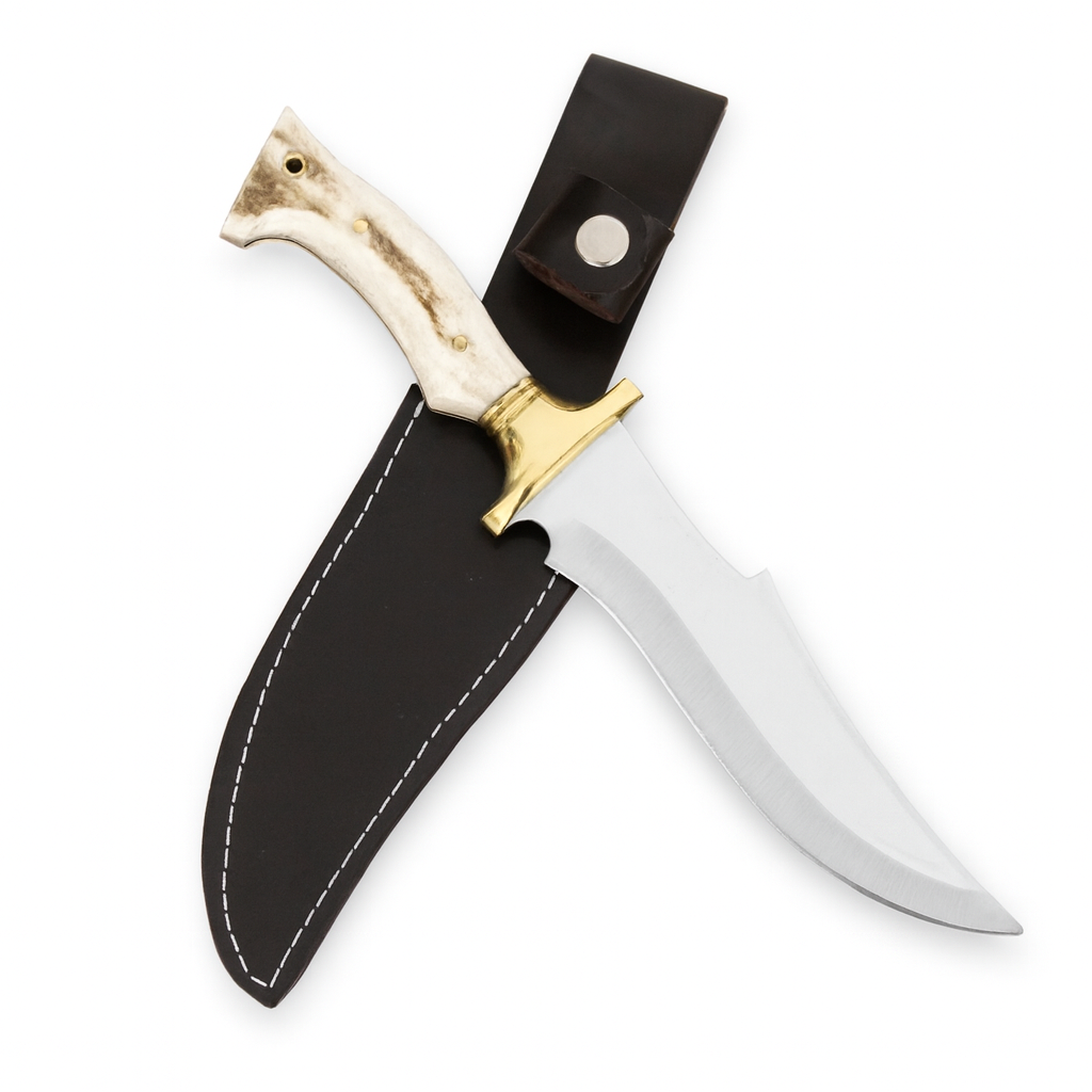 Handgeschmiedetes Outdoor-Messer mit echtem Hirschgeweihgriff und passender Lederscheide - hochwertiges Jagdmesser für Sammler und Jäger