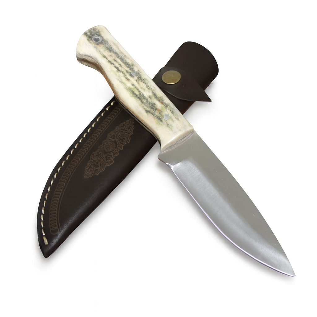 Handgeschmiedetes Outdoor-Messer mit echtem Hirschgeweihgriff und passender Lederscheide - hochwertiges Jagdmesser für Sammler und Jäger