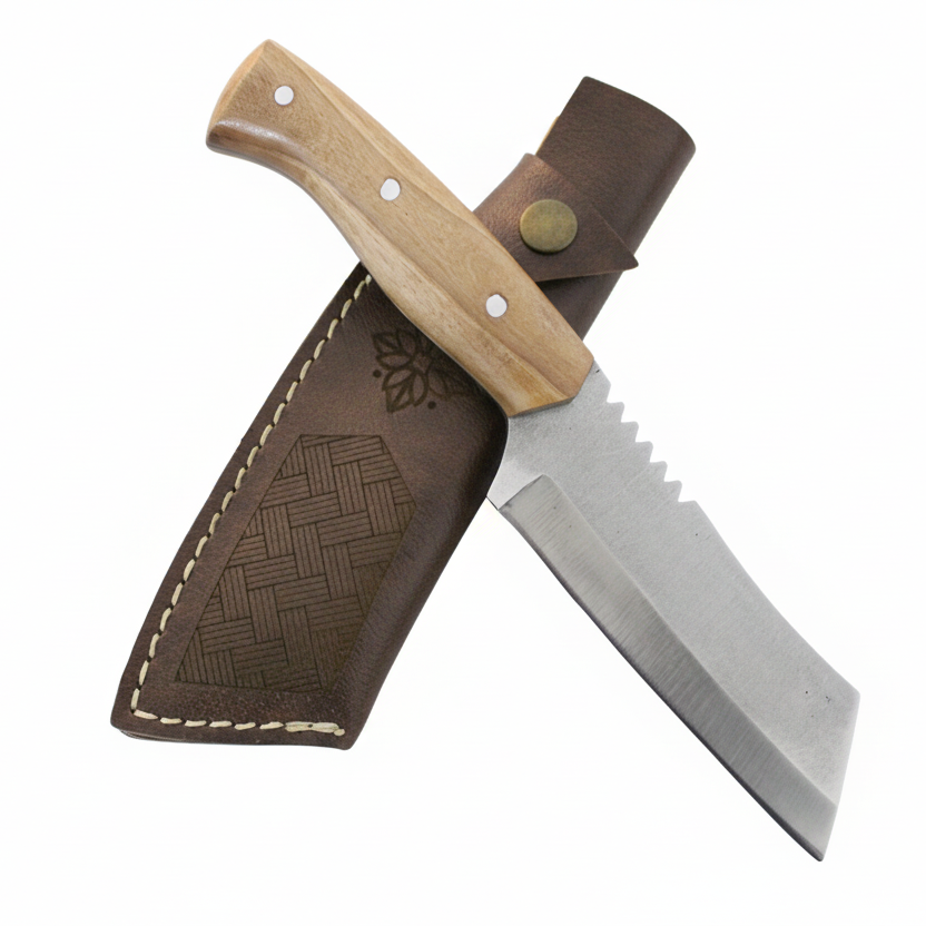 Handgeschmiedetes Outdoor-Messer mit echtem Walnussholzgriff und passender Lederscheide - hochwertiges Jagdmesser für Sammler und Jäger