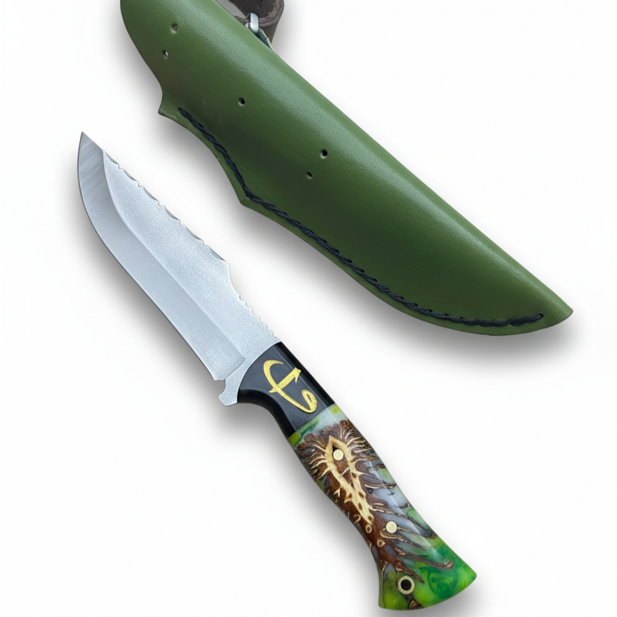 Handgeschmiedetes Outdoor-Messer mit echtem Epoxyd Griff, D2-Stahl und passender Lederscheide - hochwertiges Jagdmesser für Sammler und Jäger
