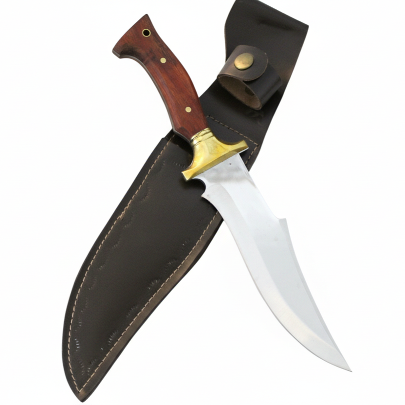 Handgeschmiedetes Outdoor-Messer mit echtem Walnussholzgriff und passender Lederscheide - hochwertiges Jagdmesser für Sammler und Jäger