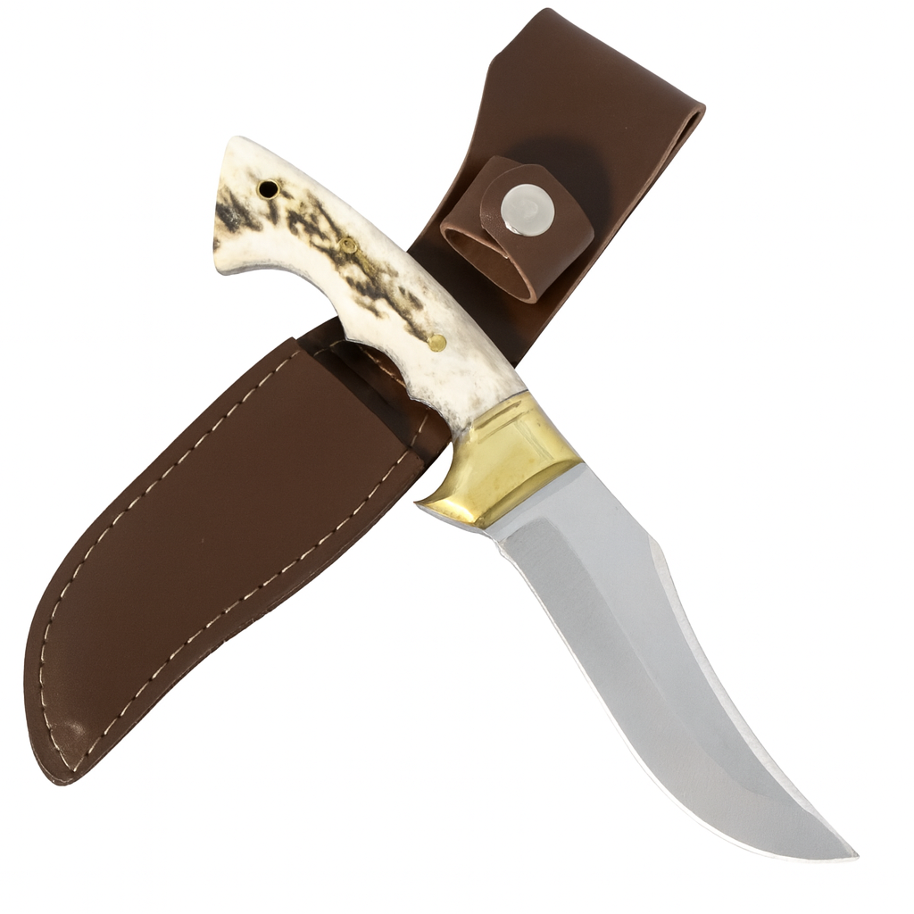Handgeschmiedetes Outdoor-Messer mit echtem Hirschgeweihgriff und passender Lederscheide - hochwertiges Jagdmesser für Sammler und Jäger