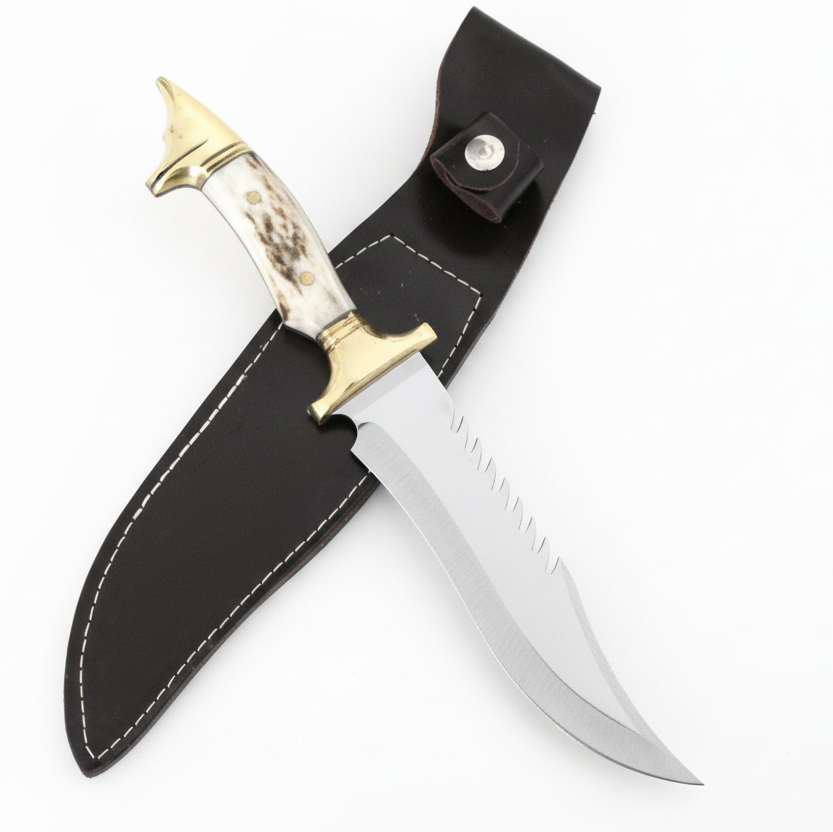 Handgeschmiedetes Outdoor-Messer mit echtem Hirschgeweihgriff und passender Lederscheide - hochwertiges Jagdmesser für Sammler und Jäger