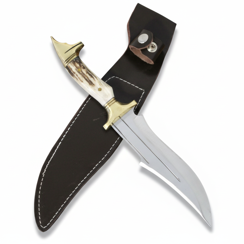 Handgeschmiedetes Outdoor-Messer mit echtem Hirschgeweihgriff und passender Lederscheide - hochwertiges Jagdmesser für Sammler und Jäger