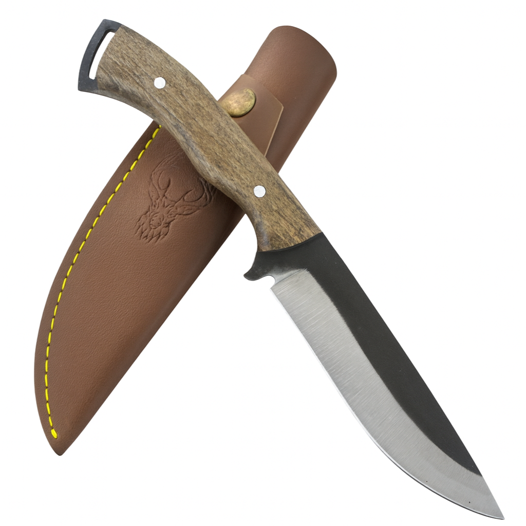 Handgeschmiedetes Outdoor-Messer mit echtem Walnussholzgriff und passender Lederscheide - hochwertiges Jagdmesser für Sammler und Jäger