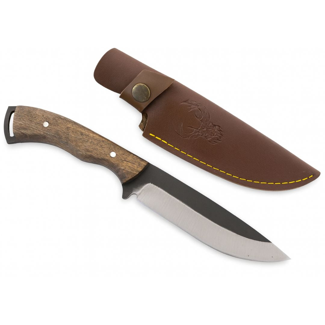 Handgeschmiedetes Outdoor-Messer mit echtem Walnussholzgriff und passender Lederscheide - hochwertiges Jagdmesser für Sammler und Jäger