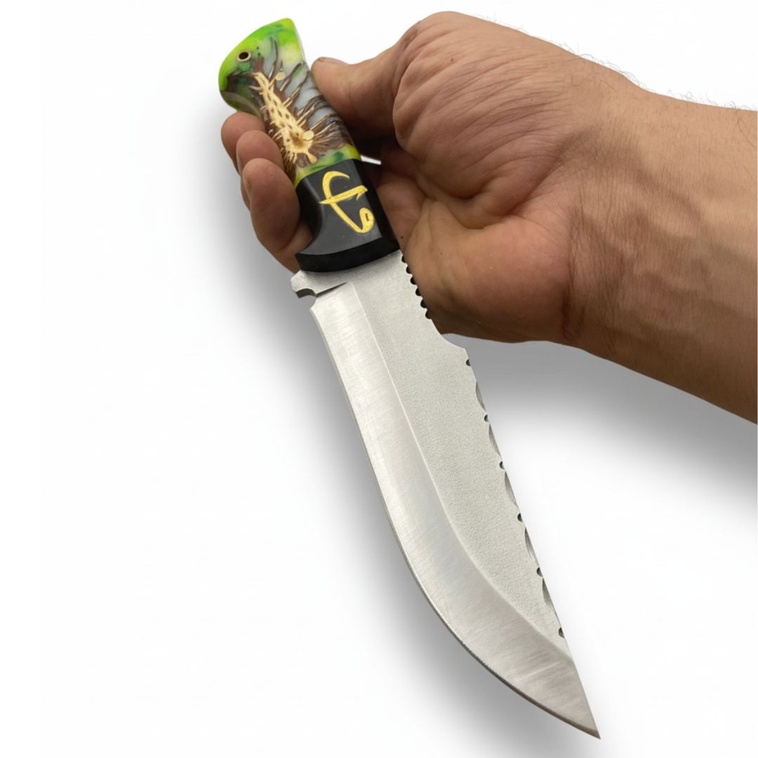 Handgeschmiedetes Outdoor-Messer mit echtem Epoxyd Griff, D2-Stahl und passender Lederscheide - hochwertiges Jagdmesser für Sammler und Jäger