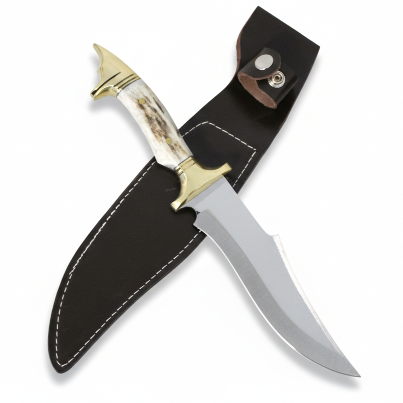 Handgeschmiedetes Outdoor-Messer mit echtem Hirschgeweihgriff und passender Lederscheide - hochwertiges Jagdmesser für Sammler und Jäger