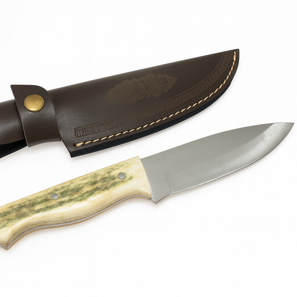 Handgeschmiedetes Outdoor-Messer mit echtem Hirschgeweihgriff und passender Lederscheide - hochwertiges Jagdmesser für Sammler und Jäger