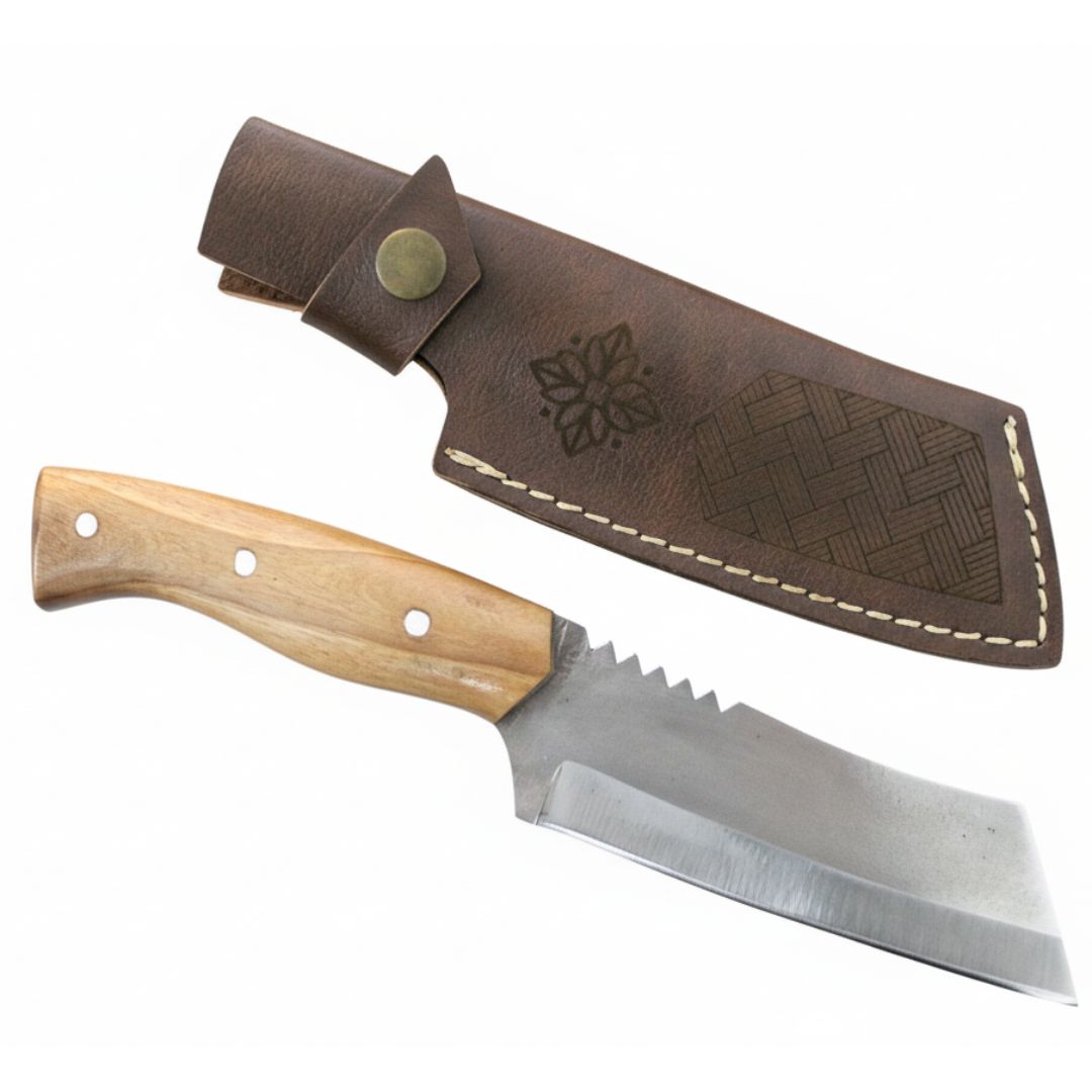 Handgeschmiedetes Outdoor-Messer mit echtem Walnussholzgriff und passender Lederscheide - hochwertiges Jagdmesser für Sammler und Jäger