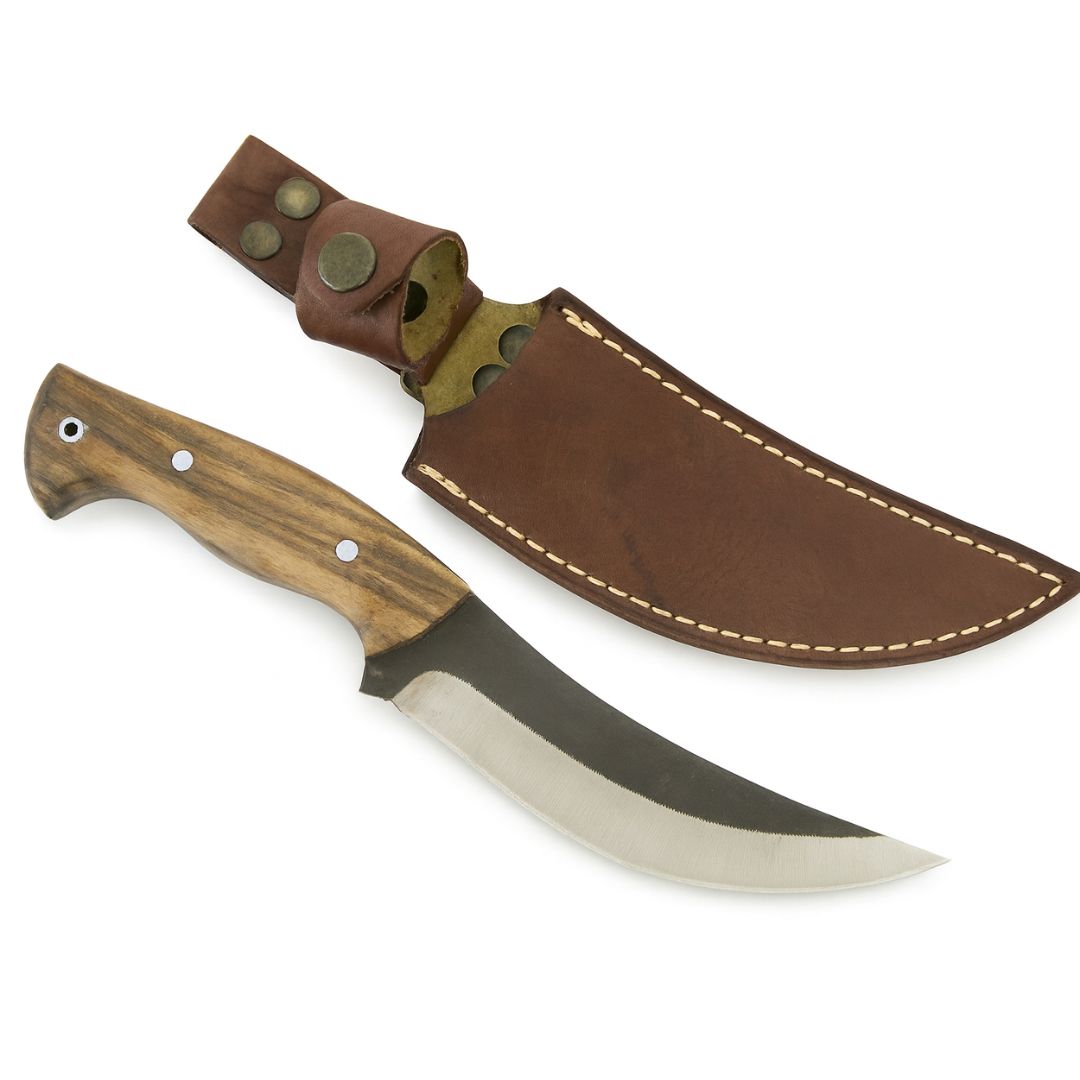 Handgeschmiedetes Outdoor-Messer mit echtem Walnussholzgriff und passender Lederscheide - hochwertiges Jagdmesser für Sammler und Jäger