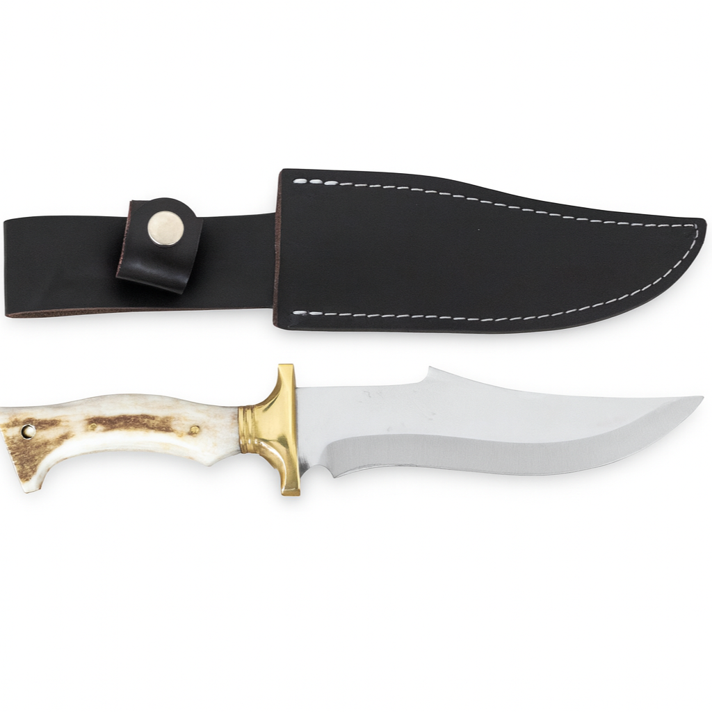 Handgeschmiedetes Outdoor-Messer mit echtem Hirschgeweihgriff und passender Lederscheide - hochwertiges Jagdmesser für Sammler und Jäger