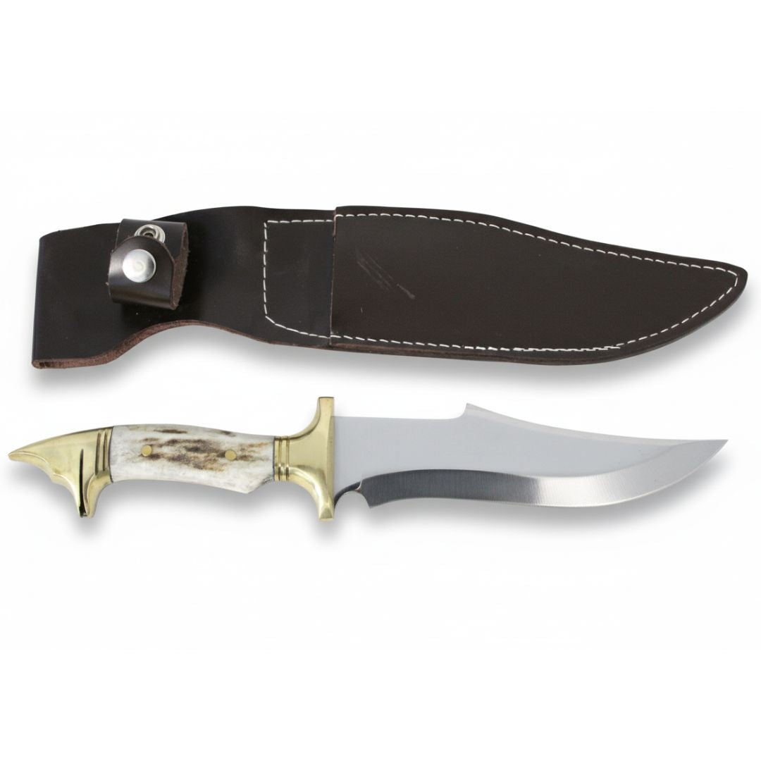 Handgeschmiedetes Outdoor-Messer mit echtem Hirschgeweihgriff und passender Lederscheide - hochwertiges Jagdmesser für Sammler und Jäger