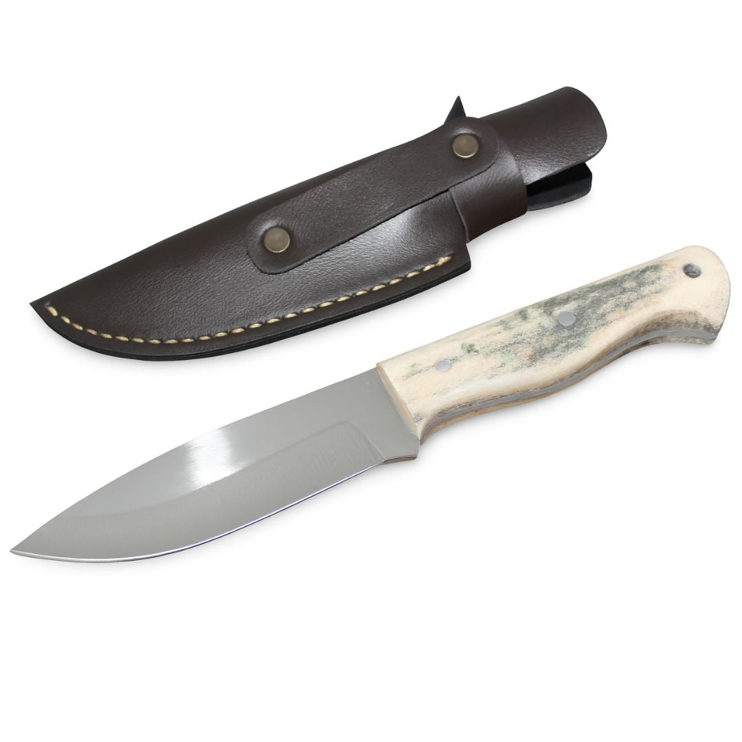 Handgeschmiedetes Outdoor-Messer mit echtem Hirschgeweihgriff und passender Lederscheide - hochwertiges Jagdmesser für Sammler und Jäger