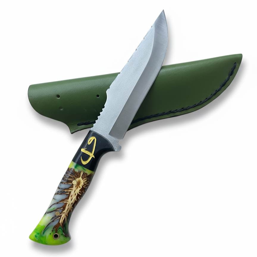 Handgeschmiedetes Outdoor-Messer mit echtem Epoxyd Griff, D2-Stahl und passender Lederscheide - hochwertiges Jagdmesser für Sammler und Jäger