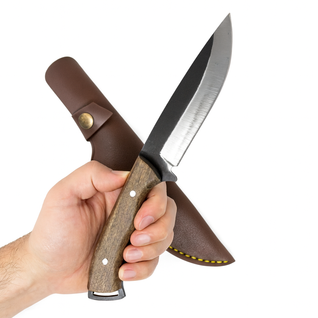 Handgeschmiedetes Outdoor-Messer mit echtem Walnussholzgriff und passender Lederscheide - hochwertiges Jagdmesser für Sammler und Jäger