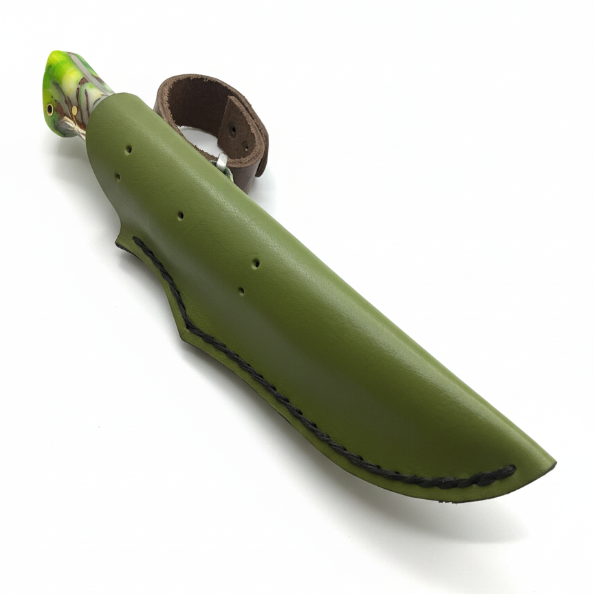 Handgeschmiedetes Outdoor-Messer mit echtem Epoxyd Griff, D2-Stahl und passender Lederscheide - hochwertiges Jagdmesser für Sammler und Jäger