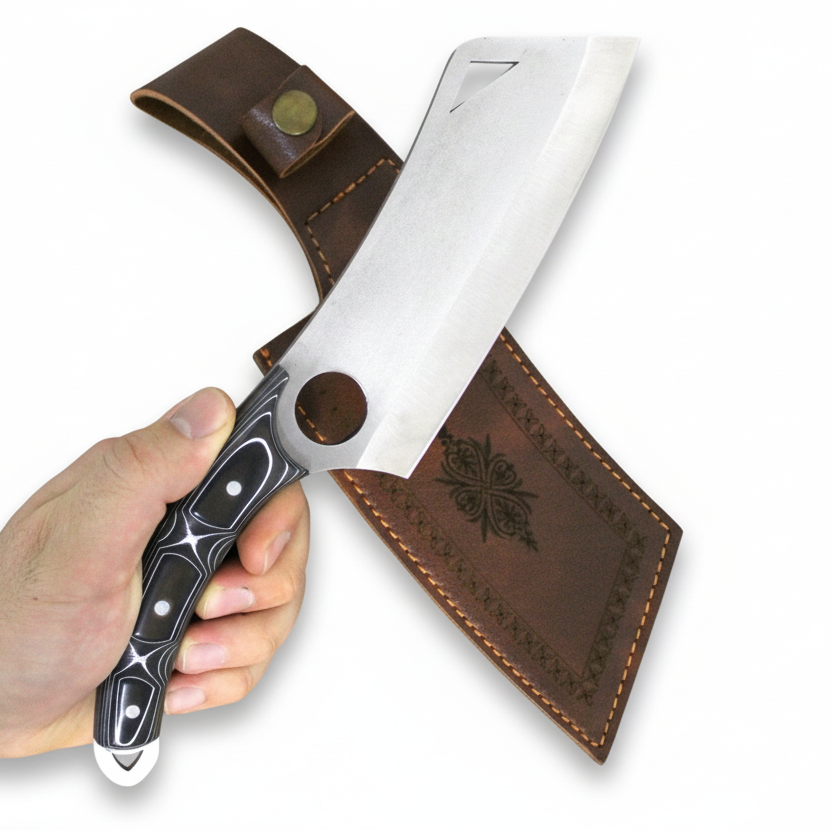 Handgeschmiedetes Outdoor-Messer mit echtem Werzalitgriff und passender Lederscheide - hochwertiges Jagdmesser für Sammler und Jäger