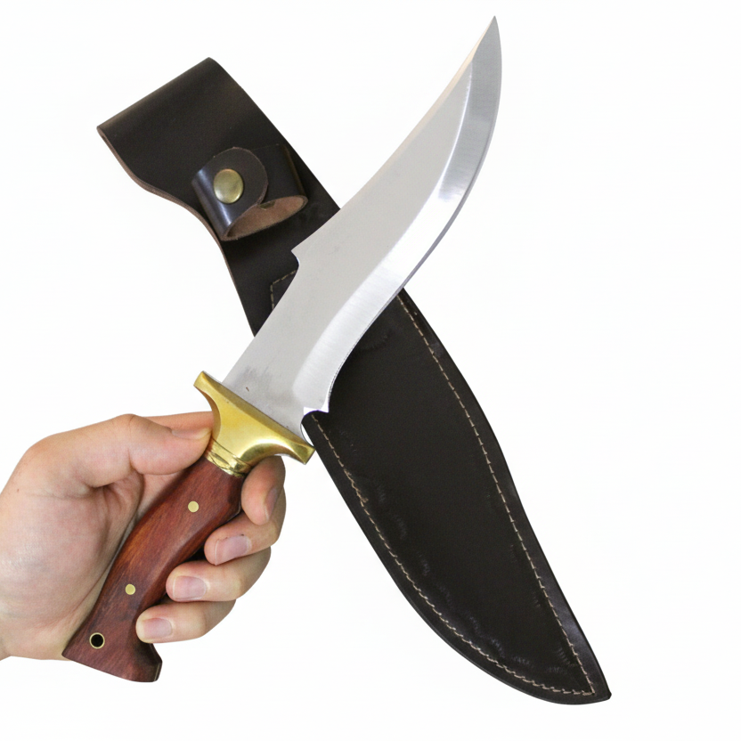 Handgeschmiedetes Outdoor-Messer mit echtem Walnussholzgriff und passender Lederscheide - hochwertiges Jagdmesser für Sammler und Jäger