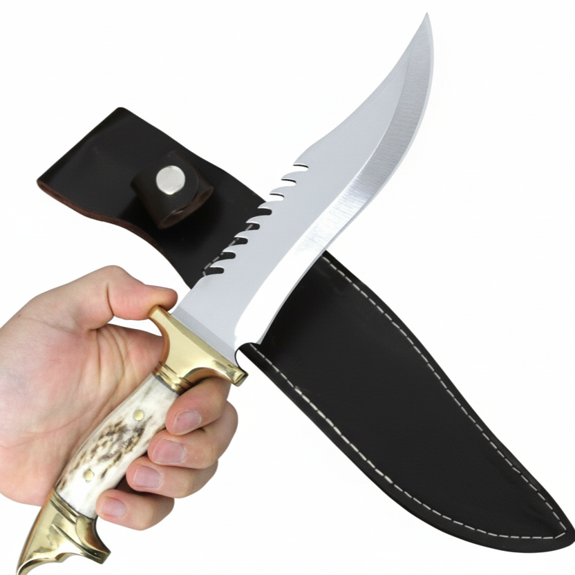 Handgeschmiedetes Outdoor-Messer mit echtem Hirschgeweihgriff und passender Lederscheide - hochwertiges Jagdmesser für Sammler und Jäger