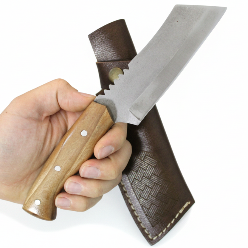 Handgeschmiedetes Outdoor-Messer mit echtem Walnussholzgriff und passender Lederscheide - hochwertiges Jagdmesser für Sammler und Jäger