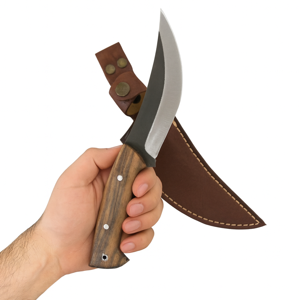 Handgeschmiedetes Outdoor-Messer mit echtem Walnussholzgriff und passender Lederscheide - hochwertiges Jagdmesser für Sammler und Jäger