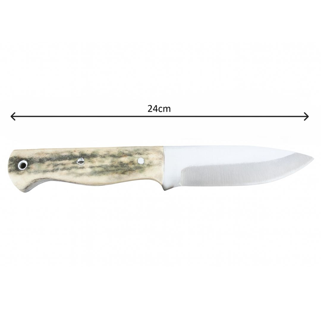 Handgeschmiedetes Outdoor-Messer mit echtem Hirschgeweihgriff und passender Lederscheide - hochwertiges Jagdmesser für Sammler und Jäger