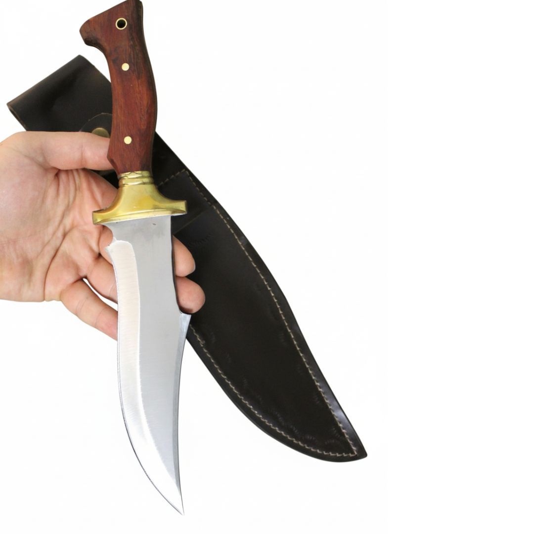 Handgeschmiedetes Outdoor-Messer mit echtem Walnussholzgriff und passender Lederscheide - hochwertiges Jagdmesser für Sammler und Jäger