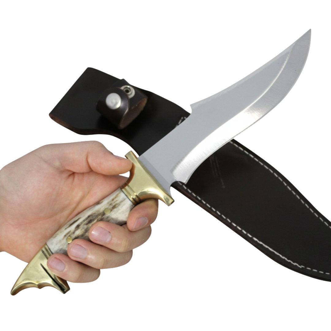 Handgeschmiedetes Outdoor-Messer mit echtem Hirschgeweihgriff und passender Lederscheide - hochwertiges Jagdmesser für Sammler und Jäger