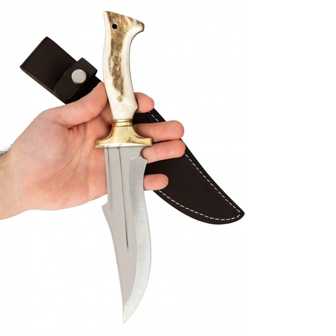 Handgeschmiedetes Outdoor-Messer mit echtem Hirschgeweihgriff und passender Lederscheide - hochwertiges Jagdmesser für Sammler und Jäger