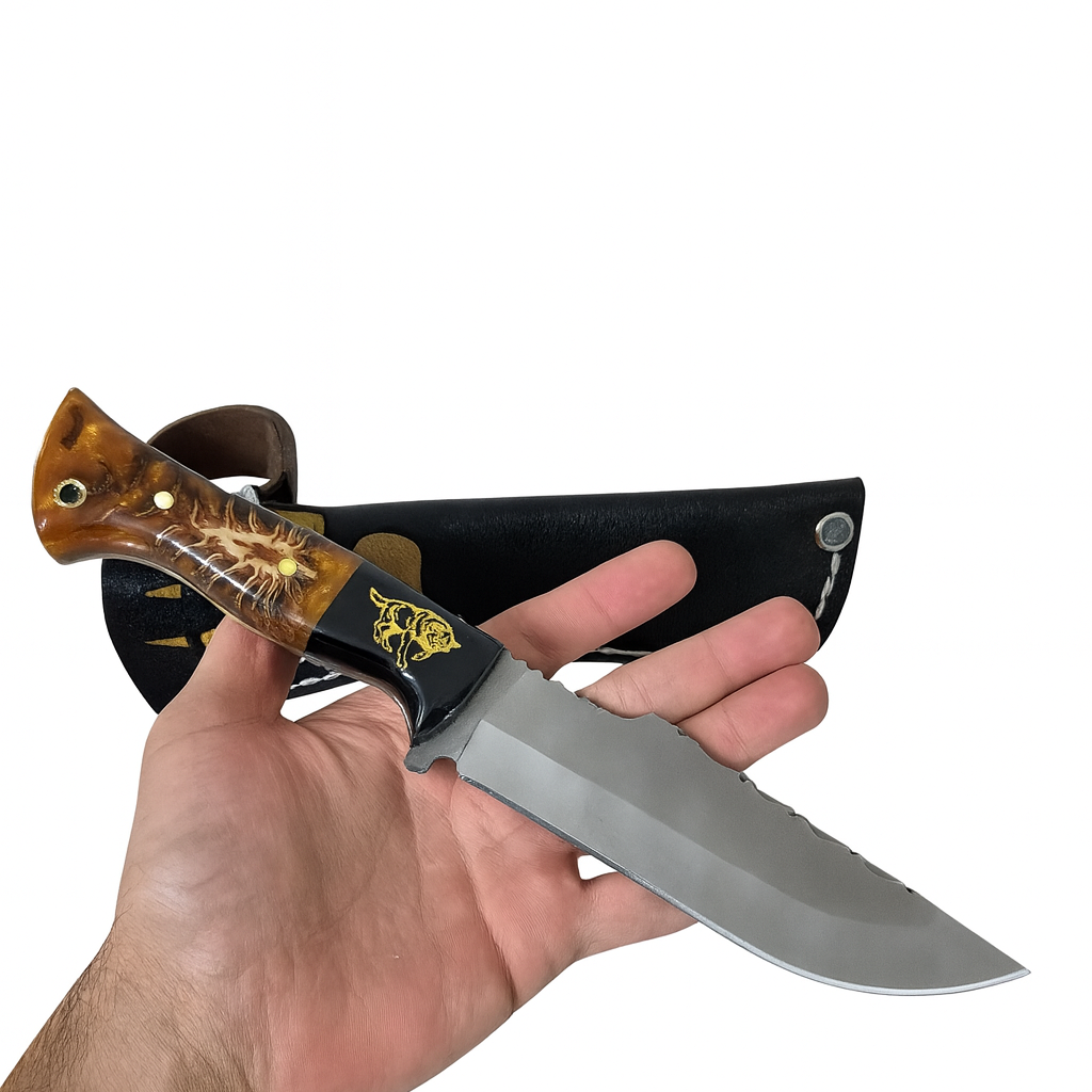 Handgeschmiedetes Outdoor-Messer mit echtem Epoxyd Griff, D2-Stahl und passender Lederscheide - hochwertiges Jagdmesser für Sammler und Jäger