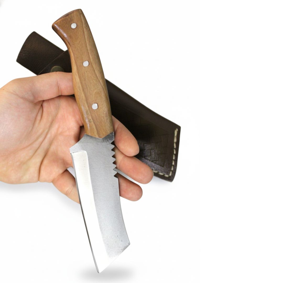 Handgeschmiedetes Outdoor-Messer mit echtem Walnussholzgriff und passender Lederscheide - hochwertiges Jagdmesser für Sammler und Jäger