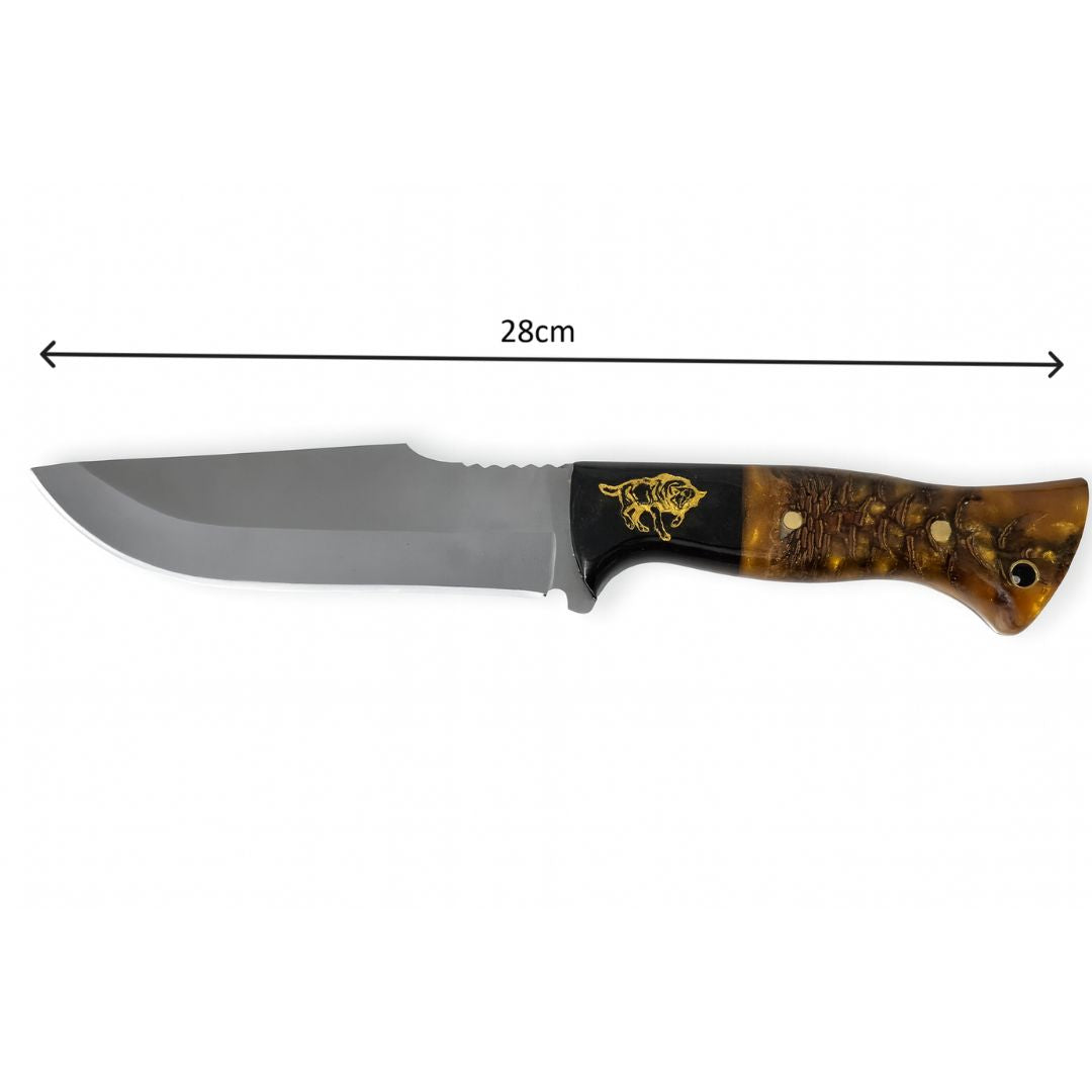 Handgeschmiedetes Outdoor-Messer mit echtem Epoxyd Griff, D2-Stahl und passender Lederscheide - hochwertiges Jagdmesser für Sammler und Jäger