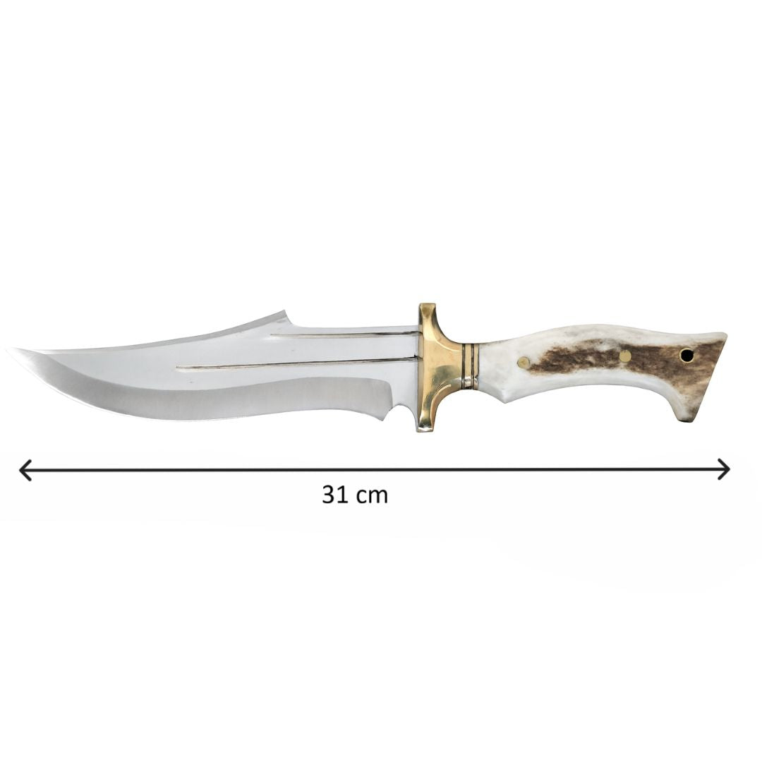 Handgeschmiedetes Outdoor-Messer mit echtem Hirschgeweihgriff und passender Lederscheide - hochwertiges Jagdmesser für Sammler und Jäger