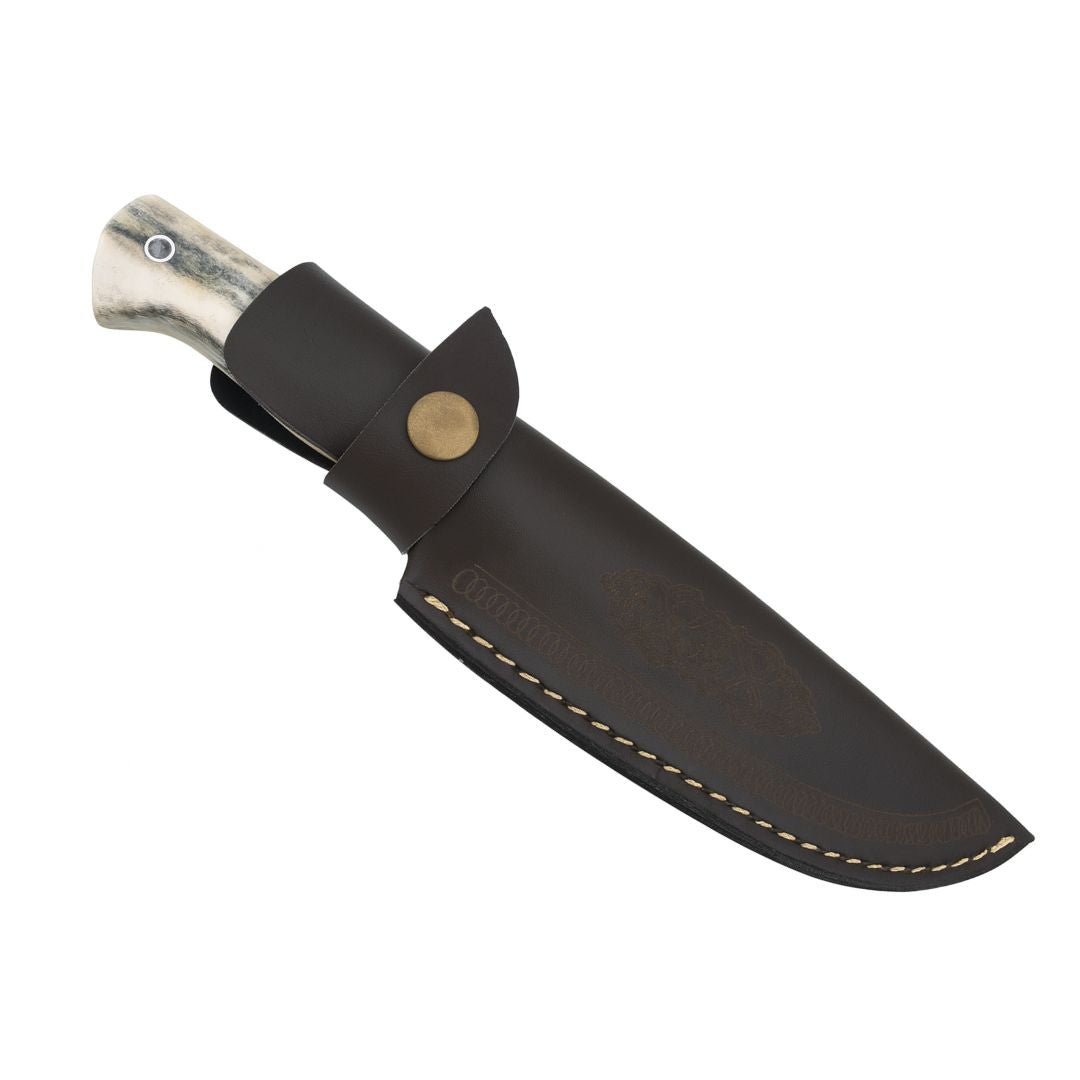 Handgeschmiedetes Outdoor-Messer mit echtem Hirschgeweihgriff und passender Lederscheide - hochwertiges Jagdmesser für Sammler und Jäger