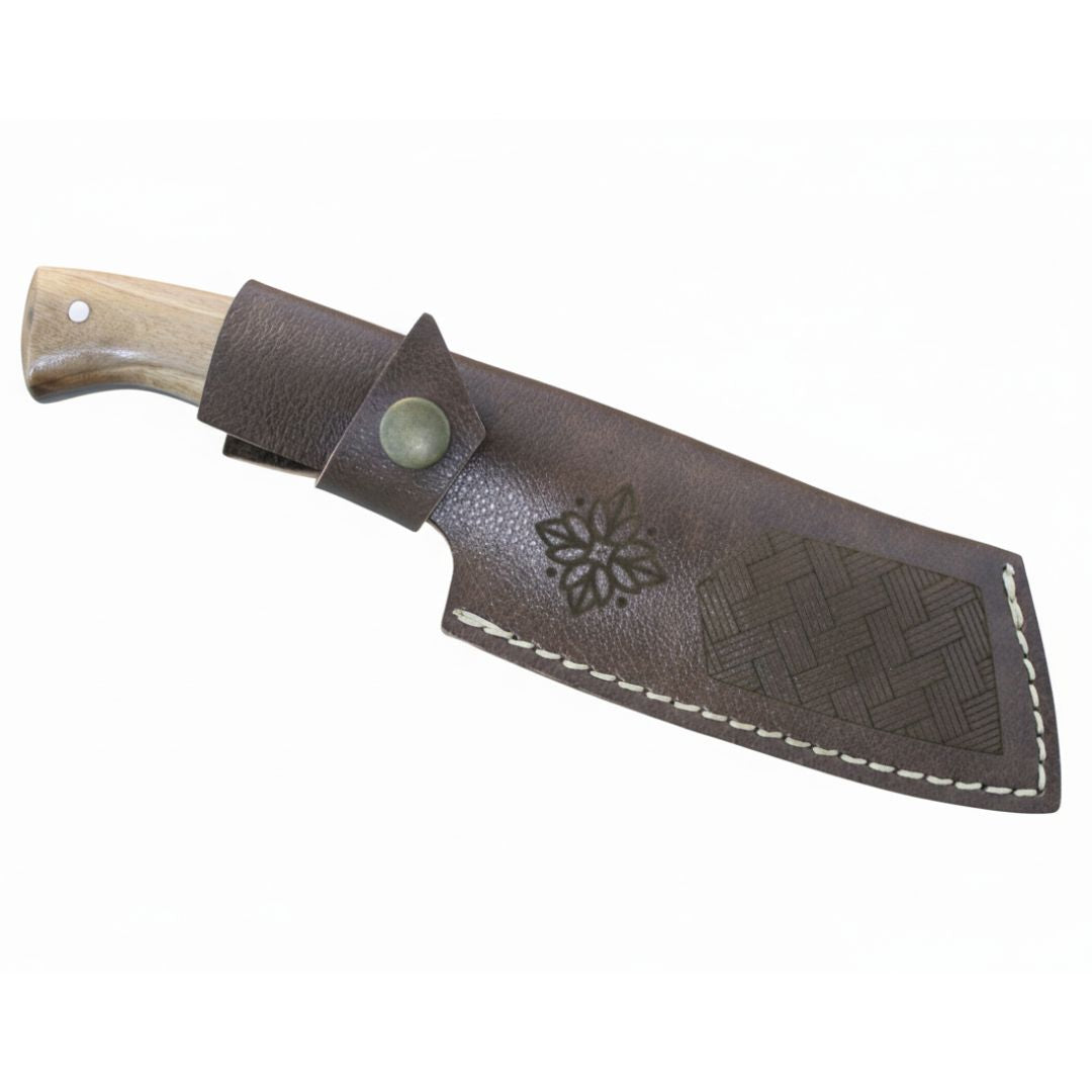 Handgeschmiedetes Outdoor-Messer mit echtem Walnussholzgriff und passender Lederscheide - hochwertiges Jagdmesser für Sammler und Jäger