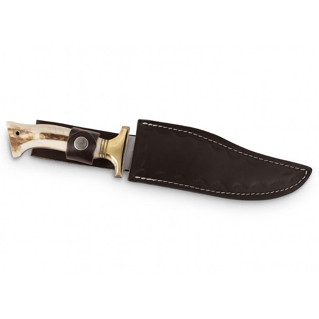 Handgeschmiedetes Outdoor-Messer mit echtem Hirschgeweihgriff und passender Lederscheide - hochwertiges Jagdmesser für Sammler und Jäger