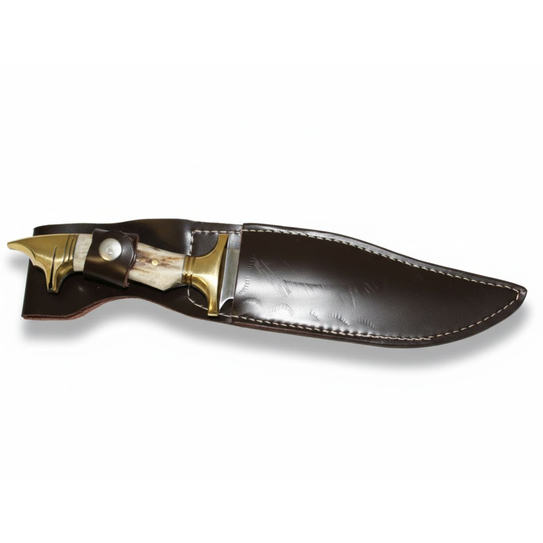 Handgeschmiedetes Outdoor-Messer mit echtem Hirschgeweihgriff und passender Lederscheide - hochwertiges Jagdmesser für Sammler und Jäger
