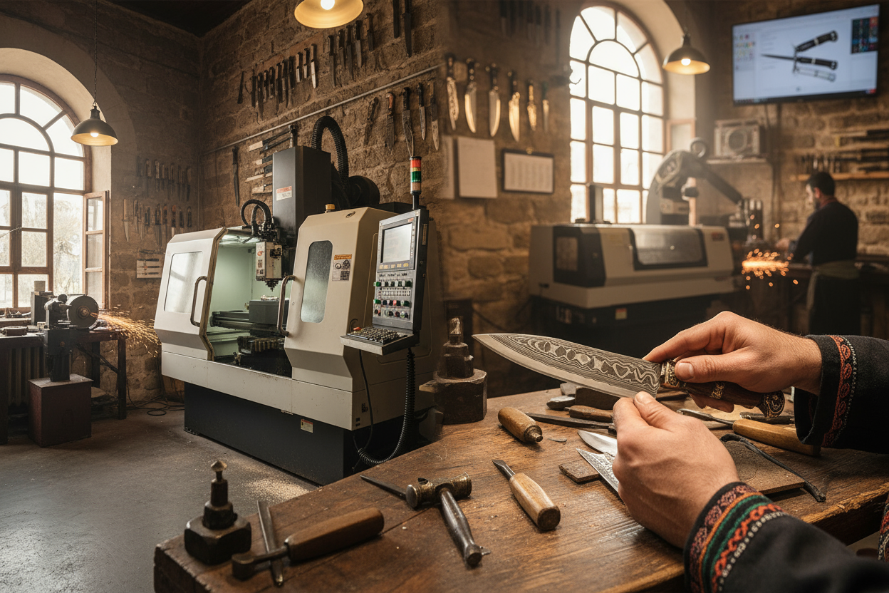 erstelle mir hierzu ein bild das die türkische handwerkskunst von messern darstellt.

Neben reiner Handarbeit kommen heute auch moderne Maschinen zum Einsatz. Dadurch können wir höhere Stückzahlen produzieren, ohne die Qualität und den Charakter des Handwerks zu verlieren.