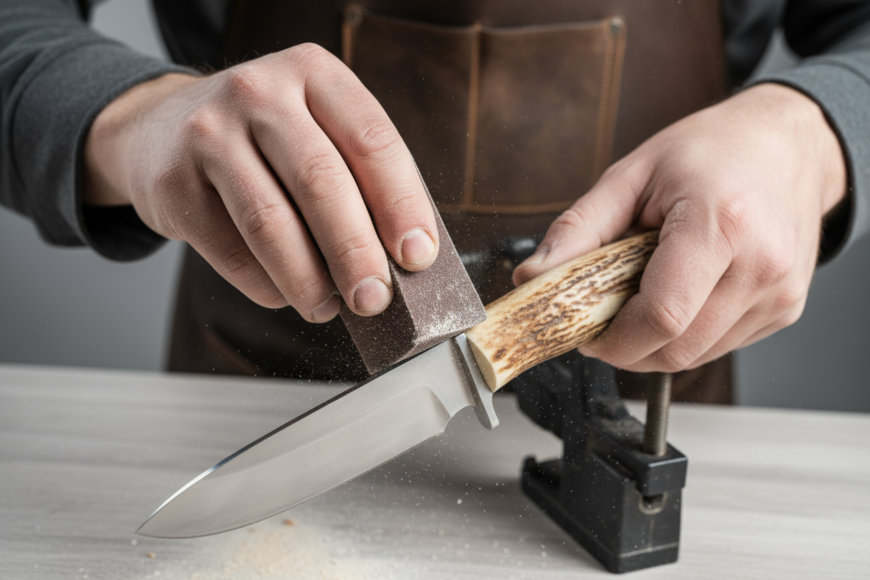 mache mir ein foto, das ich auf meinem webshop vorstellen kann. es solllte ein hirschgeweihgriff jagdmesser sein, in  dem der Griff von hand bearbeitet wird. die bearbeitung am griff sollte zu sehen sein.