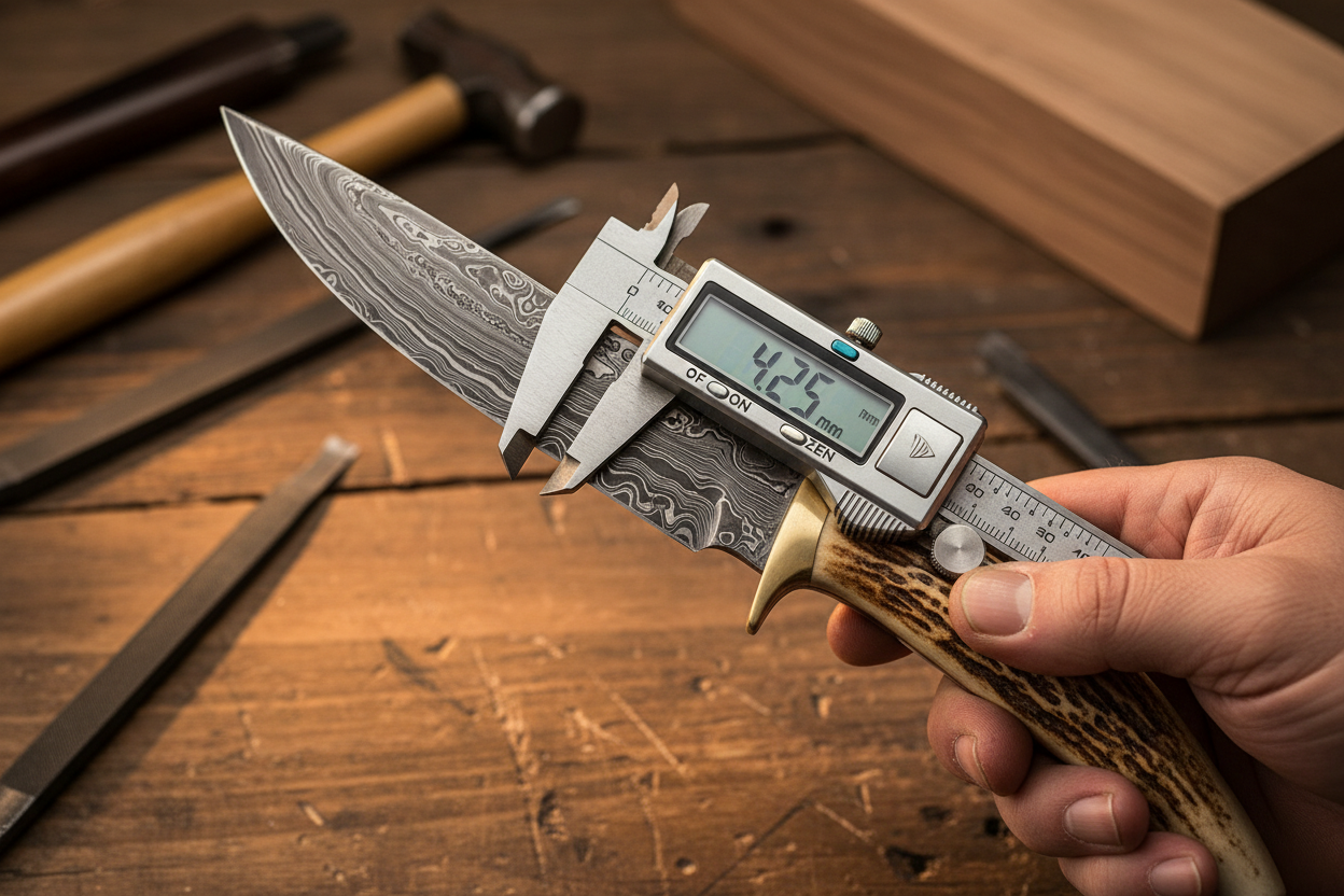 mache mir einen bild das ich auf meinem webshop präsentieren kann. es soll die qualität meiner handgefertigten jagdmesser darstellen für langlebigkeit und richtige auswahl der materialien und der präzision. die klingenbreite des messers soll mit einem messschieber gemessen werden zur darstellung der qualität, der messchieber soll in einer hand liegen